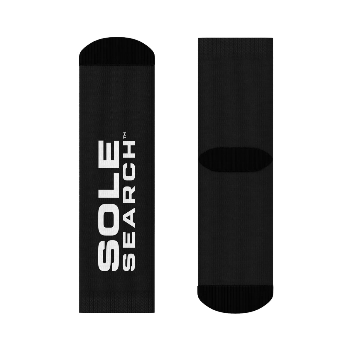 A pair of black crew socks shown flat against a white background, with one sock displaying the white vertical text 'SOLE SEARCH' and the other showing the ribbed arch support band.